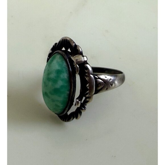 Art Deco 30's Sterling Silver Ring Green Speckled Peking Glass Size 6.25 - Picture 4 of 10